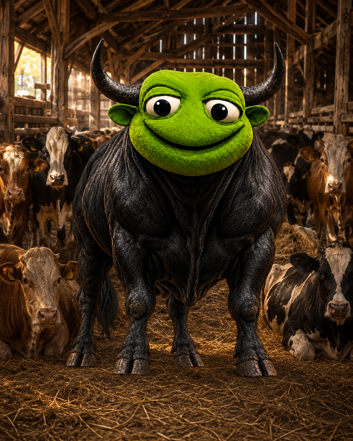 BullToad towering over a barn full of ordinary cows